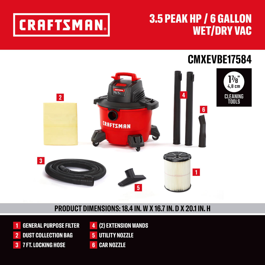 CRAFTSMAN CMXEVBE17584 6 Gallon 3.5 Peak HP Wet Dry Shop Vacuum