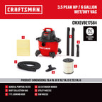 CRAFTSMAN CMXEVBE17584 6 Gallon 3.5 Peak HP Wet Dry Shop Vacuum