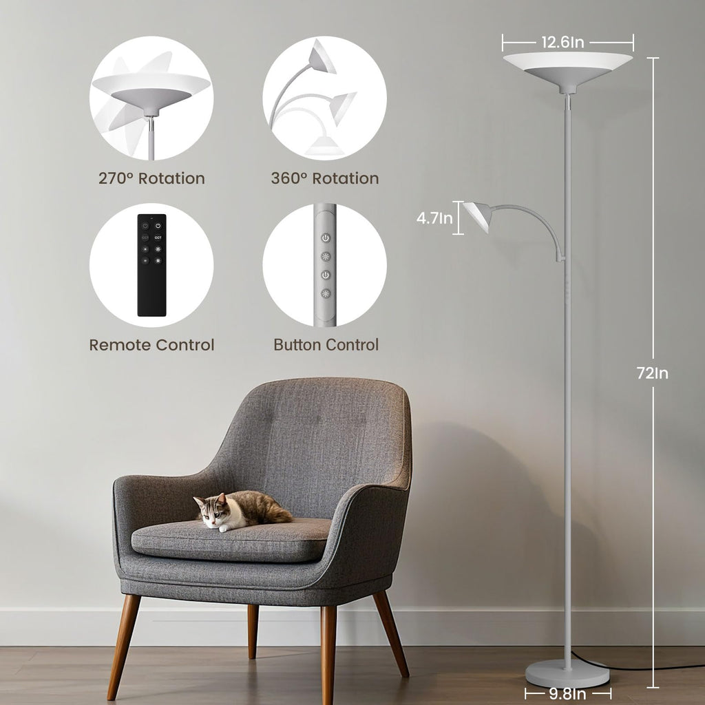 SIBRILLE Sliver Gray Torchiere Floor Lamp with Reading Light, 4 Color Temperatures, Dimmable & Individual Light Control Standing Lamp, 34W Bright Tall Lamp with Remote for Living Room Bedroom Office