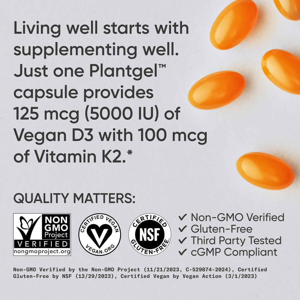 Sports Research® Vitamin D3 + K2 w/ Coconut Oil - Vegan Vitamin D 5000iu & Mk7 Vitamin K 100mcg for Bone & Immune Support - Vegan Certified · Non-GMO · Soy Free - 60 Softgels