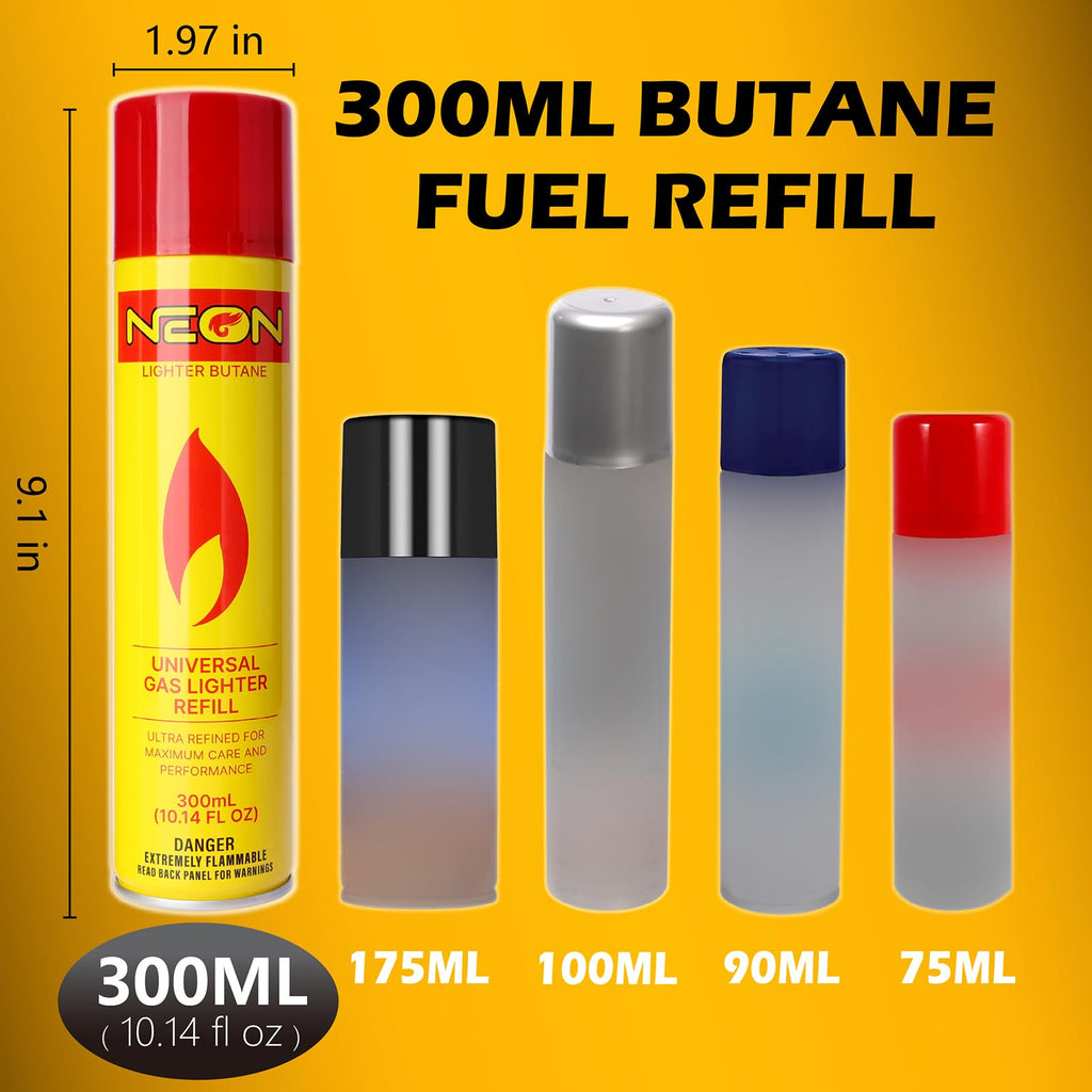 NEON Butane Fuel Refill, 300ml x 4 Cans Ultra Refined Lighter Fluid, Premium 99.999% Pure Butane Gas with Metal Nozzle and 5 Butane Adapter Tips for Torch Lighter, Kitchen Torches, Refillable Lighters