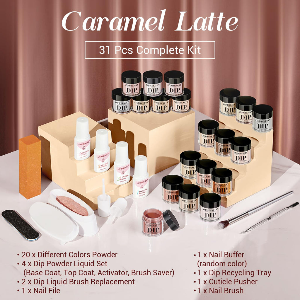 AzureBeauty 31 Pcs Dip Powder Nail Kit 20 Colors Nude Pink Glitter White