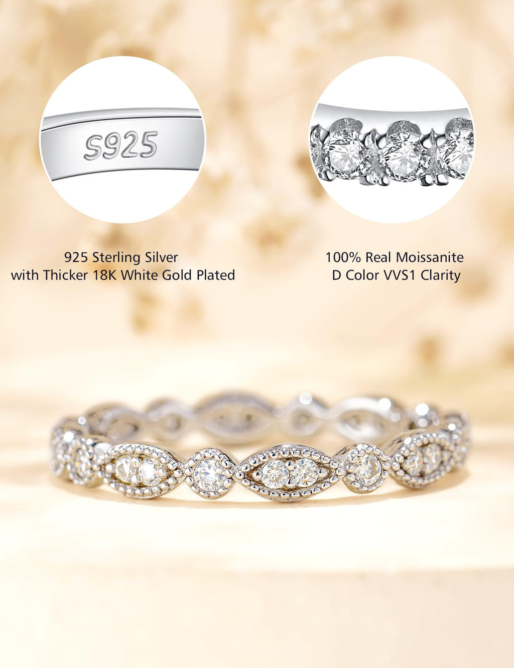 IMOLOVE Moissanite Wedding Band Wedding Rings for Women 925 Sterling Silver Rings with 18K White Gold Plated Marquise Wedding Band Stackable Engagement Ring Anniversary Band Size 8
