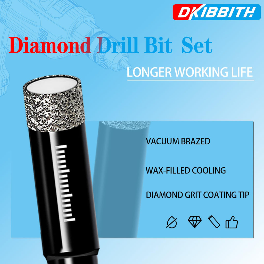 DKIBBITH 10 Pack Dry Diamond Drill Bits & Tile Drill Bit Set for Ceramic, Porcelain, Marble, Granite, Stone, Glass - Round Shank 3/16"(x2), 1/4"(x3), 5/16", 3/8", 1/2"+2 Pack Drill Bits 1/4"