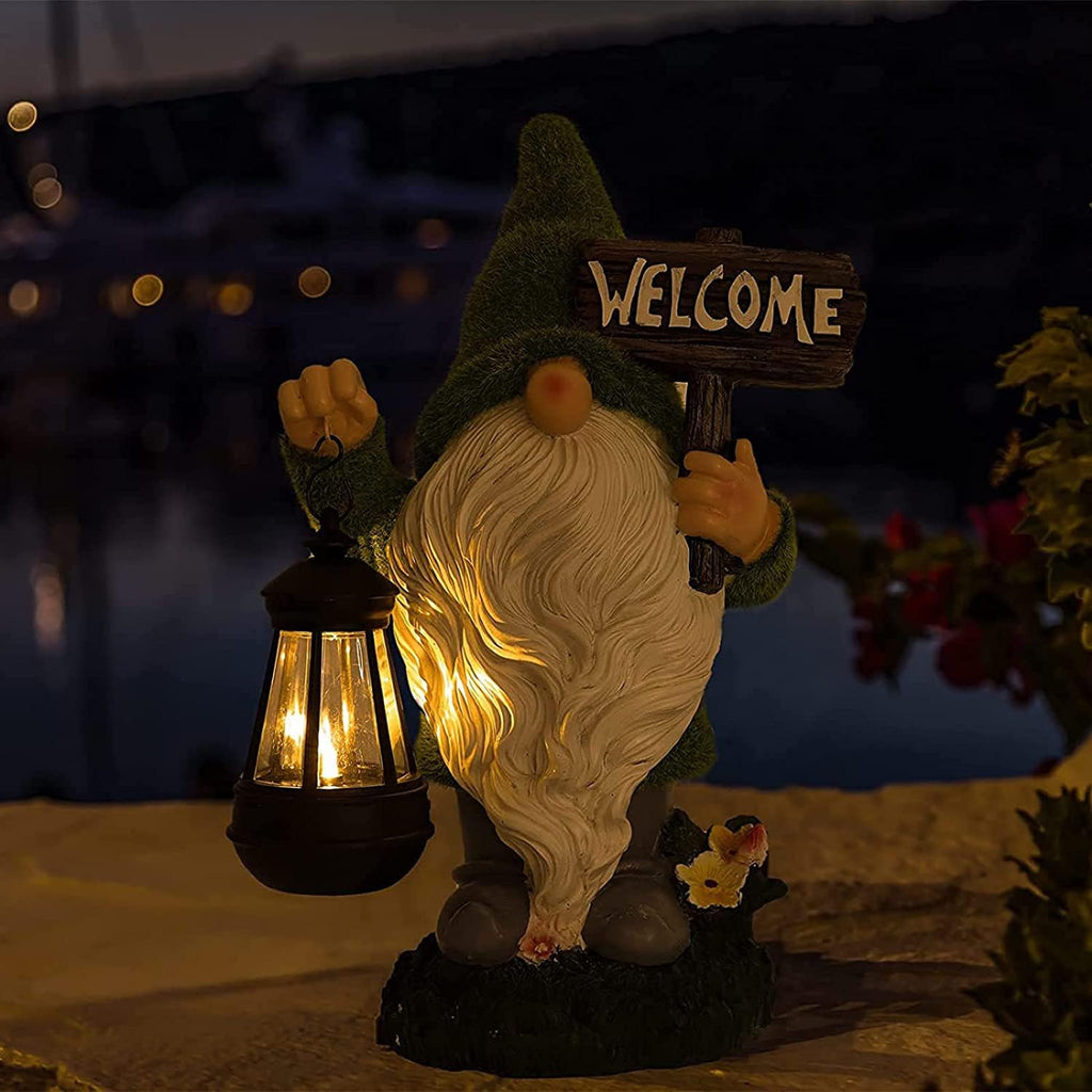 Meagkka Garden Gnome Statue Outdoor Decor Large Flocked Resin Gnome Figurine with Solar Light Holding Lantern Welcome Sign Garden Yard Decorations Dwarf Sculpture for Outside Patio Porch Lawn Decor.