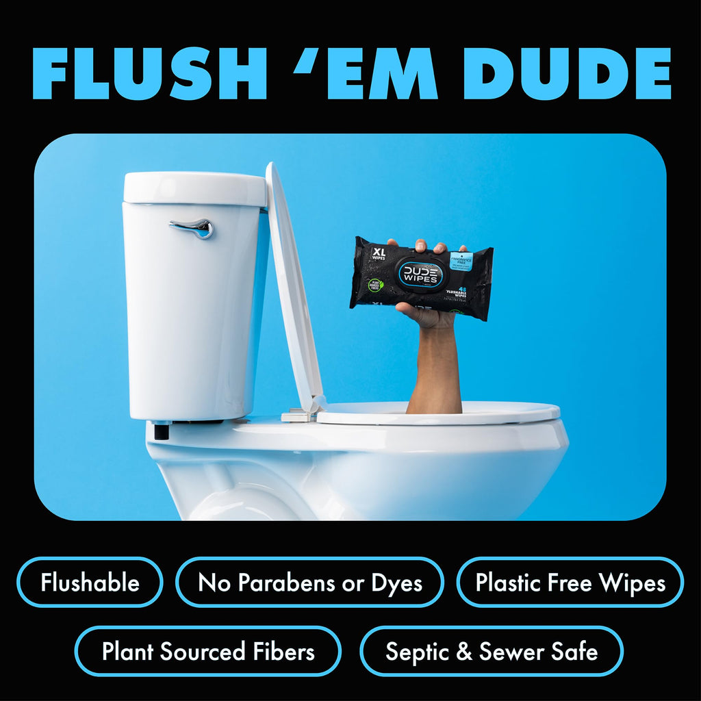 DUDE Wipes Unscented Flushable Wipes - Extra-Large Adult Wet Wipes for Sensitive Skin - 6 Pack (288 Count) - Infused with Vitamin E and Aloe - Septic and Sewer Safe