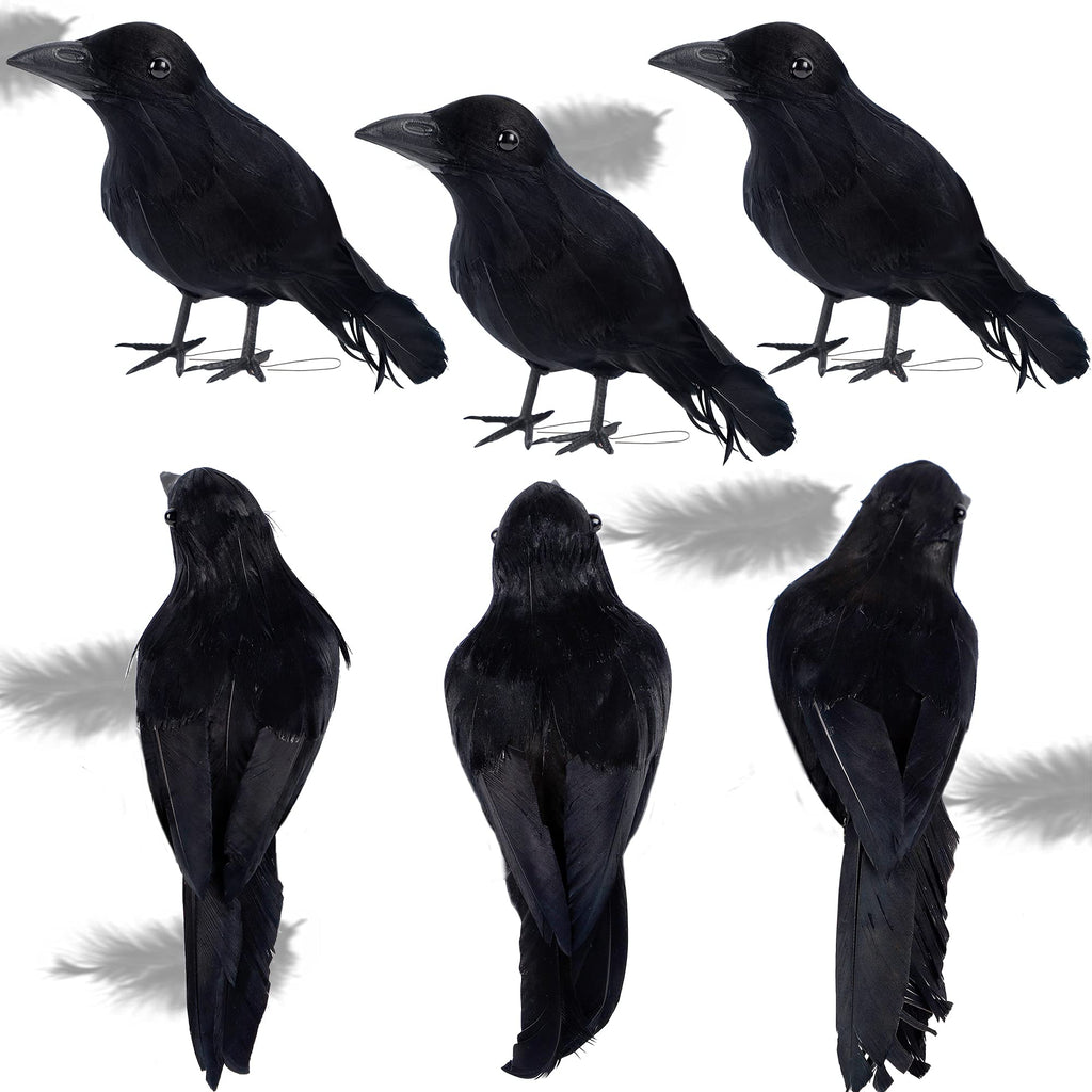 ATDAWN 6 Pack Halloween Black Feathered Crows, Realistic Halloween Birds Decoration for Spooky Décor