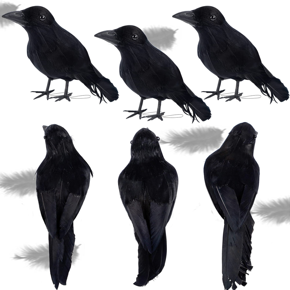 ATDAWN 6 Pack Halloween Black Feathered Crows, Realistic Halloween Birds Decoration for Spooky Décor