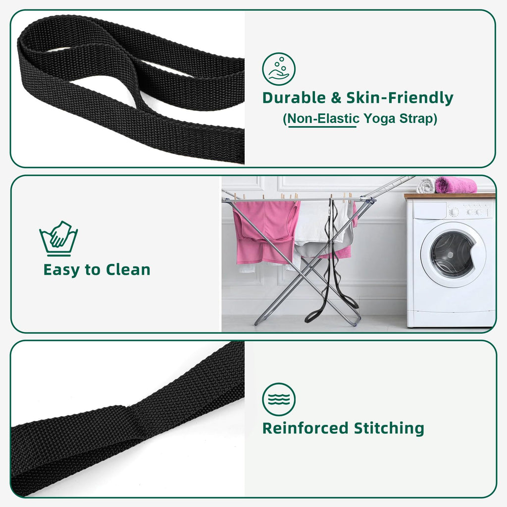 Abiarst Stretching Strap Yoga Straps for Physical Therapy, 10 Loops Non-Elastic Stretch Band for Pilates, Flexibility, Exercise and Gymnastics (2-Pack (Black+Back))