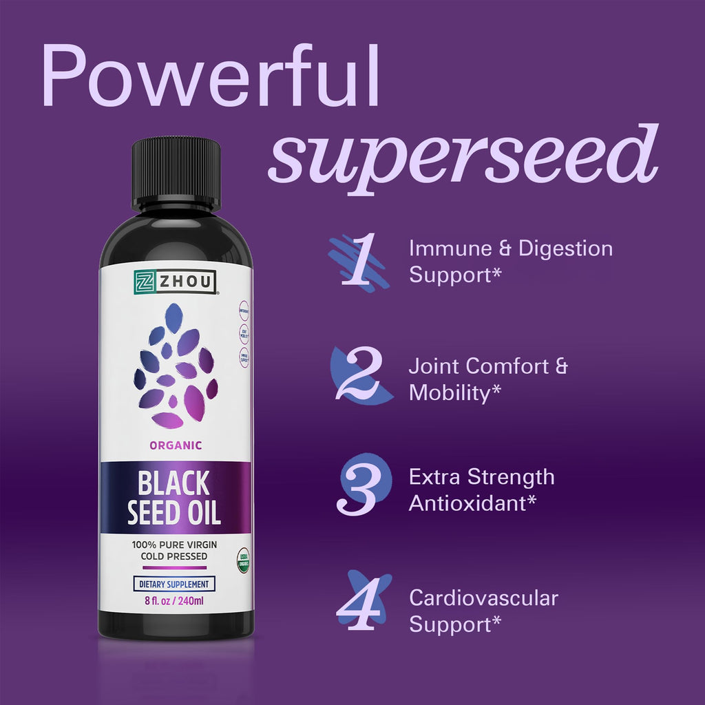 Zhou Organic Black Seed Oil - Black Cumin Seed Oil Cold Pressed, Nigella Sativa, Pure Unrefined Blackseed Liquid, Premium Supplement for Health with Thymoquinone, Omega 3 6 9 - 8 Fl Oz (Pack of 1)