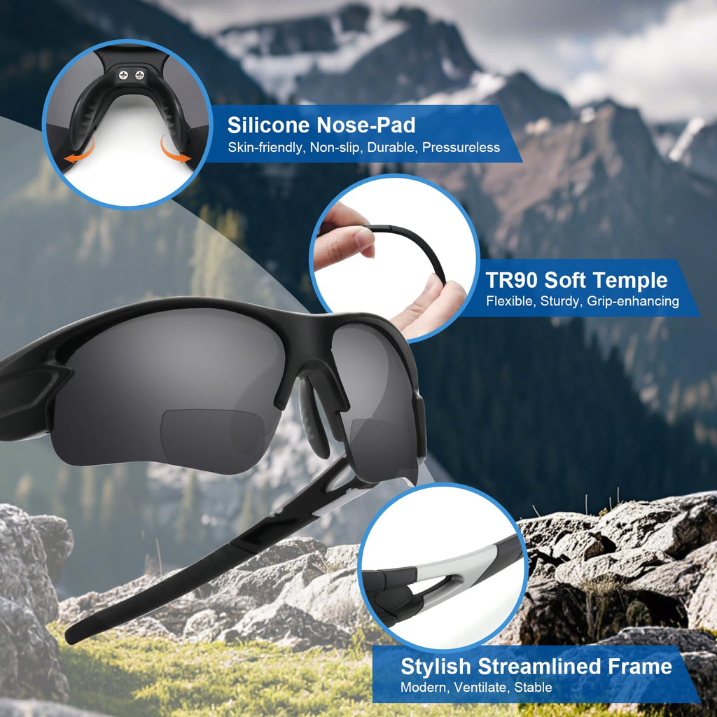 SKYOLUY Attractive Bifocal Reading Sunglasses for Men, Durable TR90 Semi Rimless Wrap Around Design Sun Readers, UV400 Near-Far Sun Glass Built in Outdoor Sports/Driving/Finshing Dark Glasses, +2.5