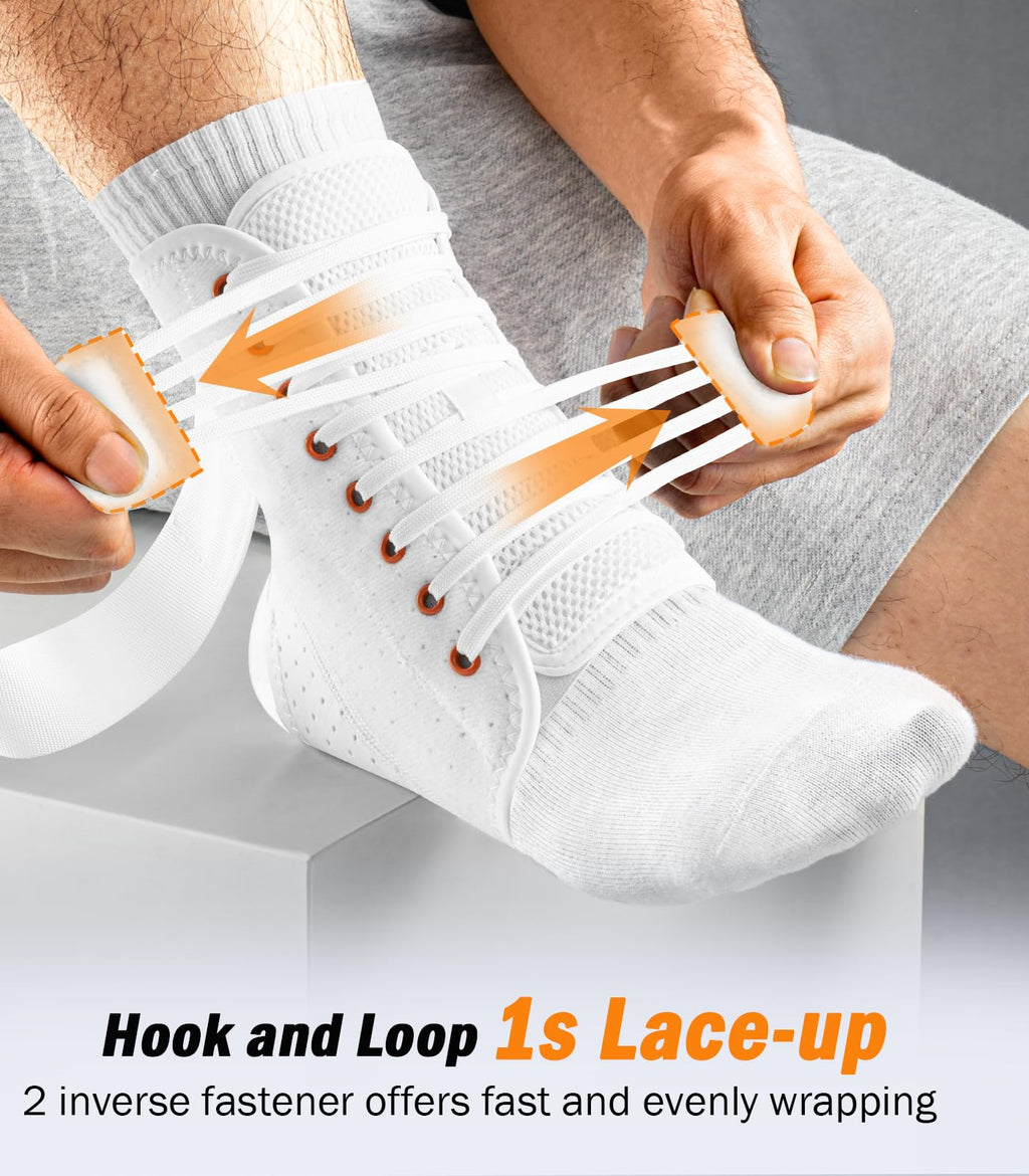 WHCOOL Slim-Fit Ankle Brace for Sprained Ankle, Quick Lace Up Ankle Support for Women Men with 2 Auto-Shaped Pads, Air Fabric Cool Ankle Stabilizer for Injury Recover, Running,Sports,White，XL