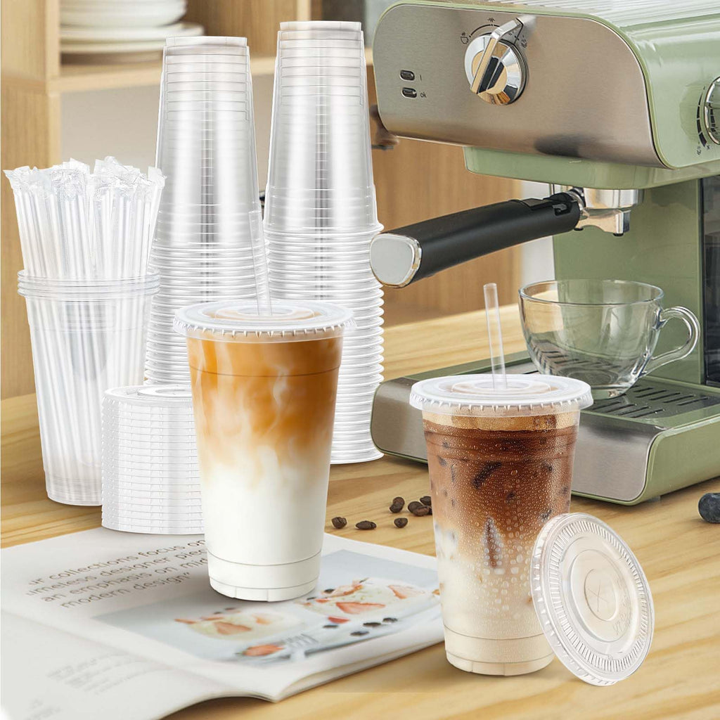 Clawsoff 500 Pack 20 oz Disposable Clear Plastic Cups with Lids and Straws, Leak-Proof Sturdy Cold Drink Cups for Iced Coffee, Smoothies, Juice, Parties & Business
