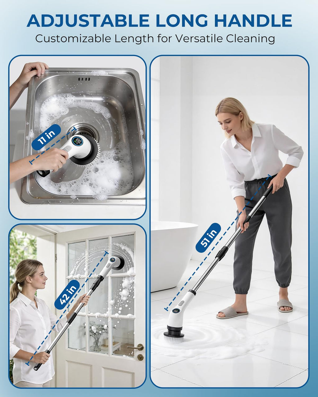 Electric Spin Scrubber, Rechargeable with Upgraded Battery & Extended Runtime, IPX7 Cleaning Brush, 3000mAh Battery 7 Brush Heads 2-Speed Adjustable Long Handle for Bathroom & Tile Floor Cleaning