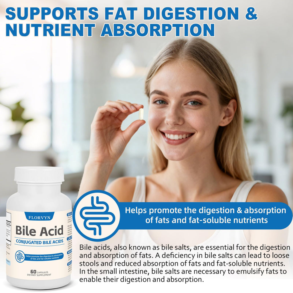 Florvyn Conjugated Bile Acid Supplement 1000mg – Supports Fat Digestion & Absorption of Fats & Fat-Soluble Nutrients, Gut Comfort & Nutrient Utilization, 60 Capsules, 30 Day Supply