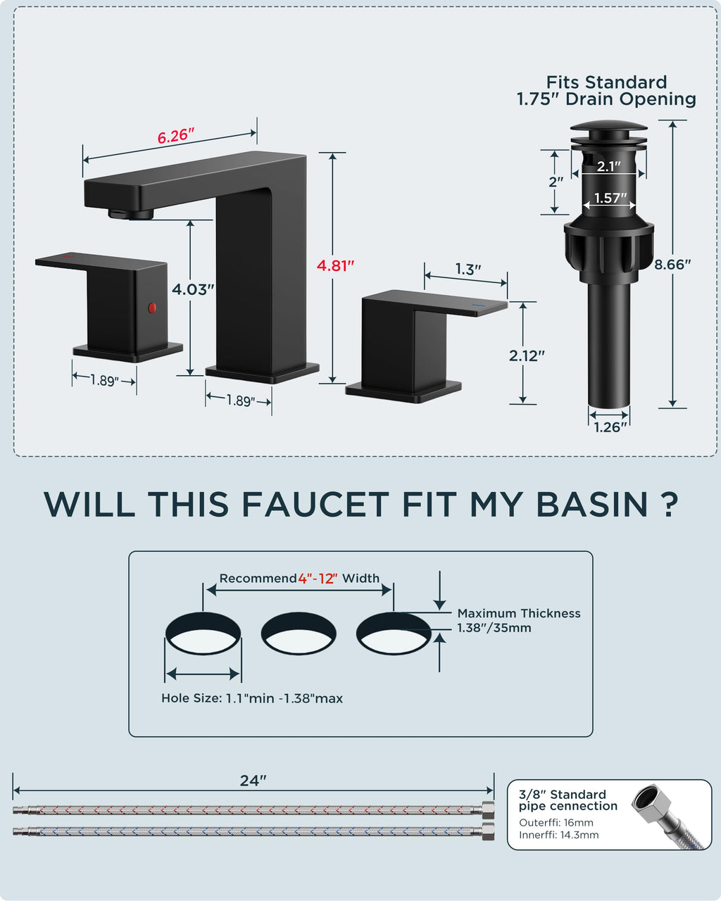 FORIOUS Black Bathroom Faucet 3 Hole, Matte Black Bathroom Sink Faucet Wide