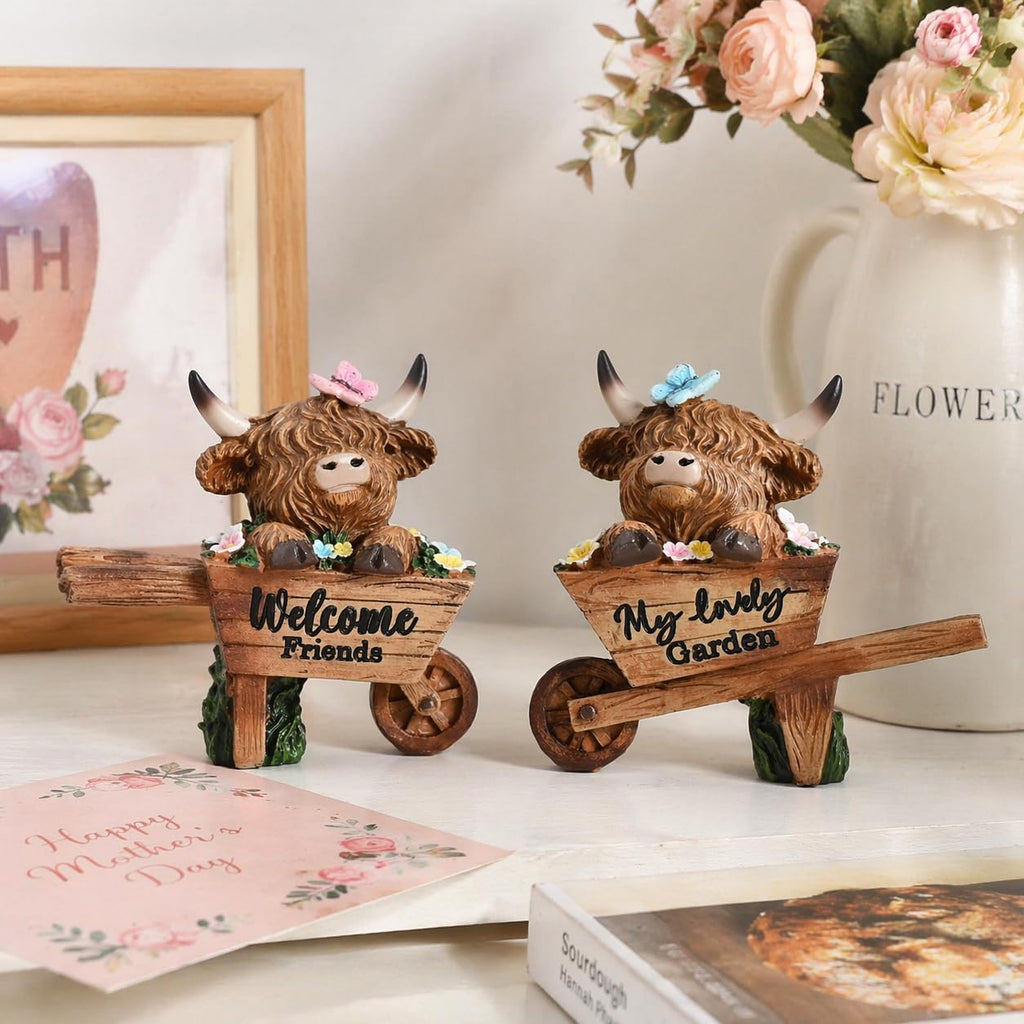 TERESA'S COLLECTIONS Garden Decor, Set of 2 Cute Highland Cows Sitting in Cart Garden Decor, Waterproof Resin Garden Statue, Highland Cows Gift, Garden Gift for Women Mom, Indoor/Outdoor