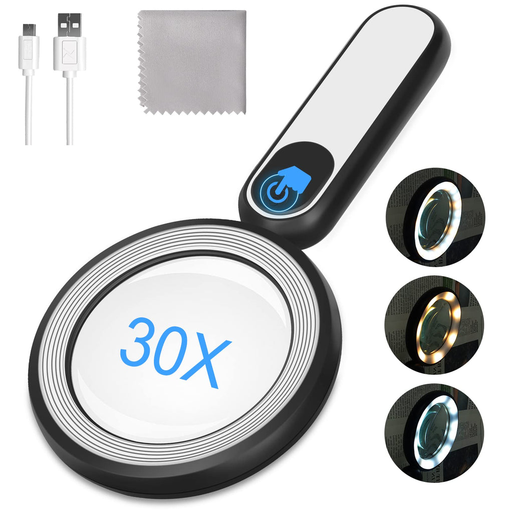 Rechargeable Magnifying Glass with Light, 30X 4.7IN Handheld Large Lightweight Lighted Magnify Len 21 LED 3 Modes Illuminated Book Magnifier forSenior,Reading,Inspection,Coin,JewelryChristmasGift