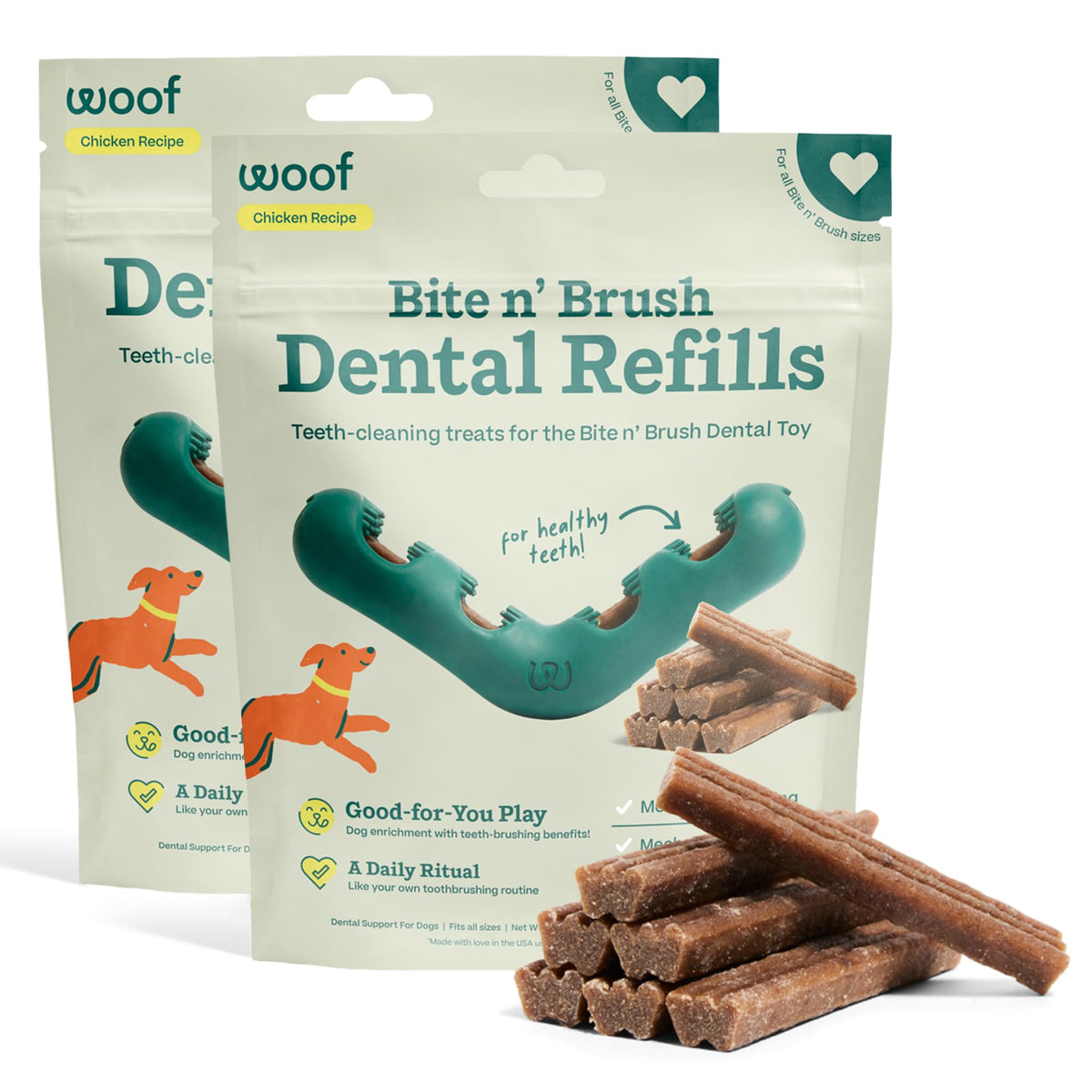 WOOF Bite n' Brush Dog Dental Chews Sticks for Dog Toy, Chicken, 2 Pack