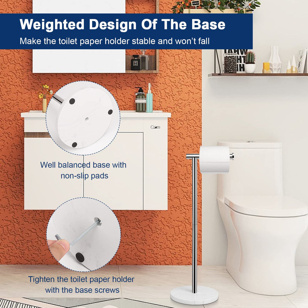 NearMoon Bath Toilet Paper Holder Stand- Modern Tissue Roll Holder Standing with Balanced Base, Rustproof Toilet Roll Holder for Bathroom/Kitchen Countertop (Chrome Finish, Marble Base)