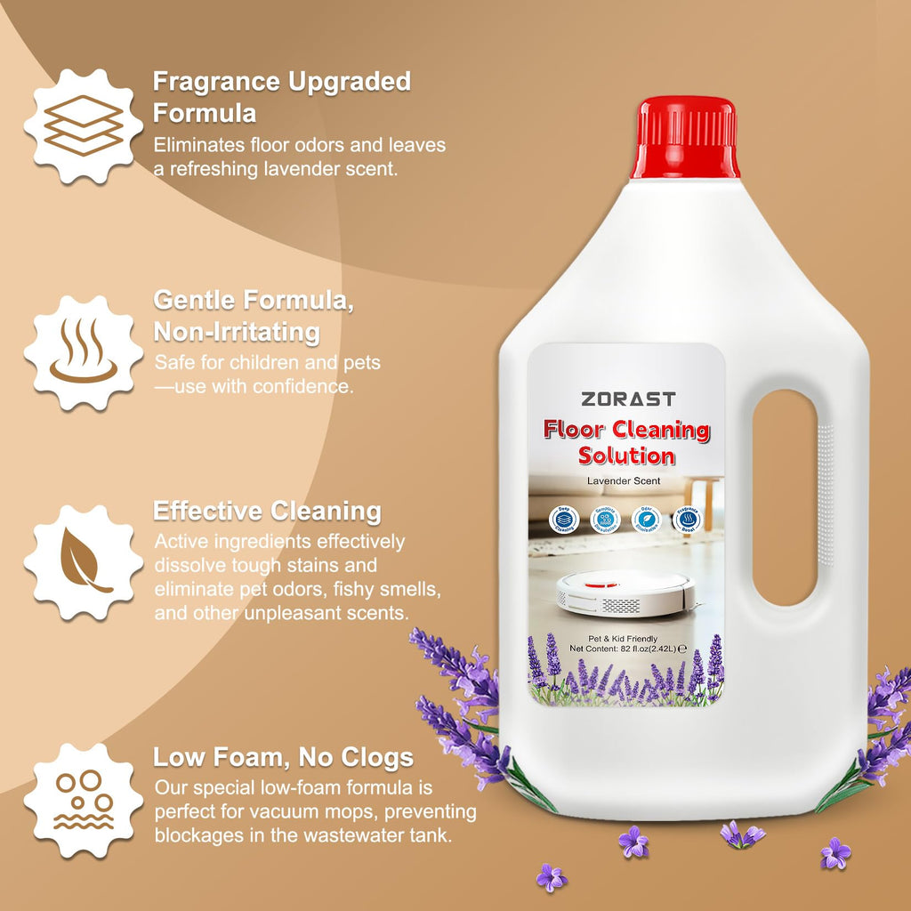 ZORAST Lavender Scent Floor Cleaning Solution, Compatible with All Roborock Mopping Robots (S7, S8, Qrevo, Q7, Q8 series) Deep Cleans for Multiple Hard Floors Stain-Busting & Fresh-Scented