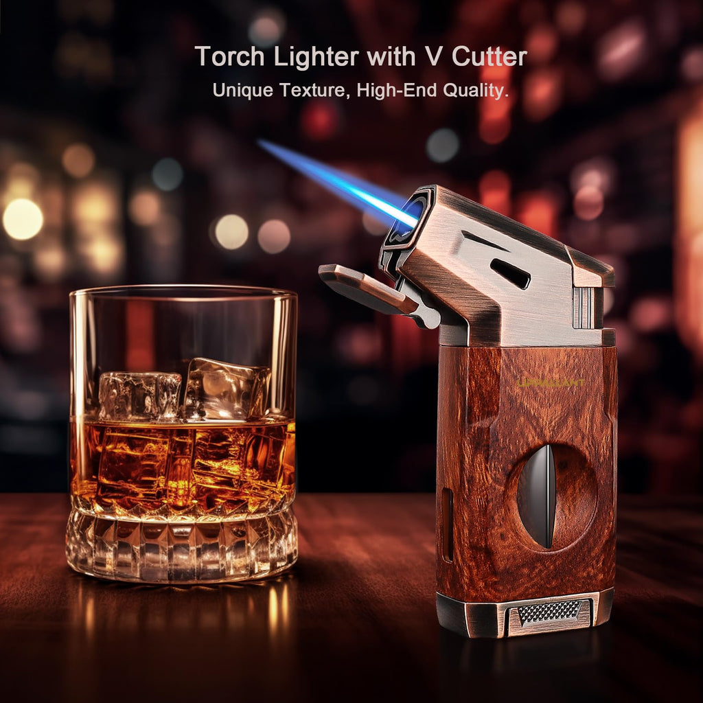 Torch Lighter with Jet Flame, Built-in V Cutter, Refillable Butane Torch Lighters, Box for Men, All-in-one Windproof Cool Lighters for Candle, Outdoor