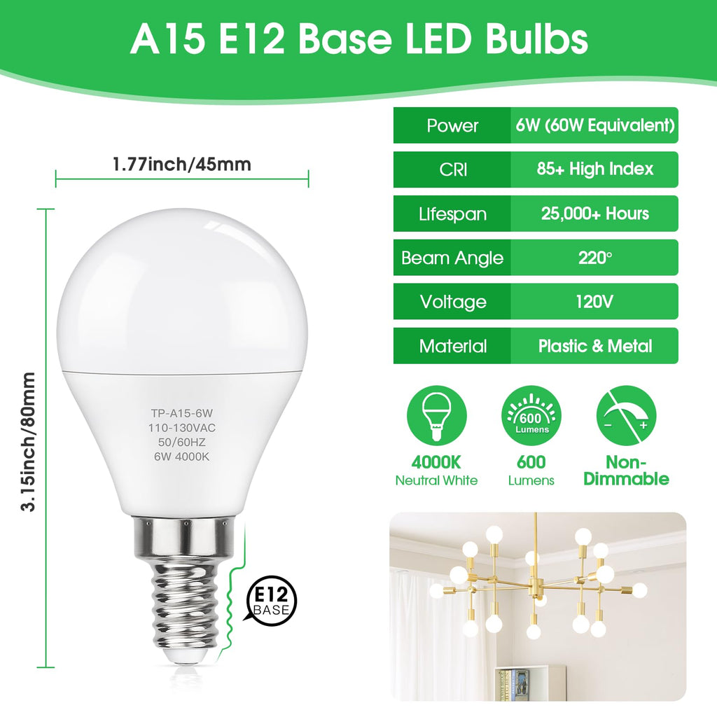 MAXvolador E12 LED 60W Equivalent Neutral White 4000K Ceiling Fan Bulbs, 600LM CRI 85+ Small Base Candelabra Bulbs, 6W Non-Dimmable, Pack of 6