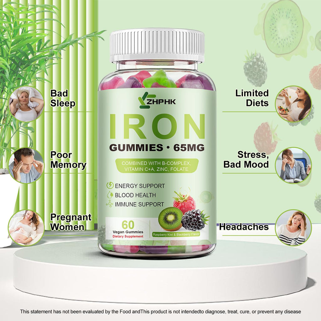 Iron Gummies for Women Men Vitamin Supplement 65mg & Vitamin C 250mg Per Serving with B6 B12 Folate- Energy Support for Iron Deficiency, Anemia, Vegan Raspberry Kiwi & Blackberry Flavor, 120 Gummies