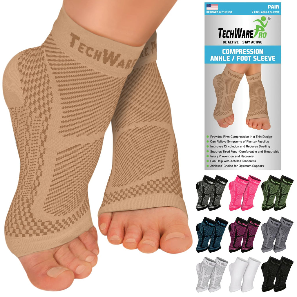 TechWare Pro Ankle Brace Compression Sleeve - Relieves Achilles Tendonitis, Joint Pain. Plantar Fasciitis Foot Sock with Arch Support Reduces Swelling & Heel Spur Pain. (Beige, XXL)