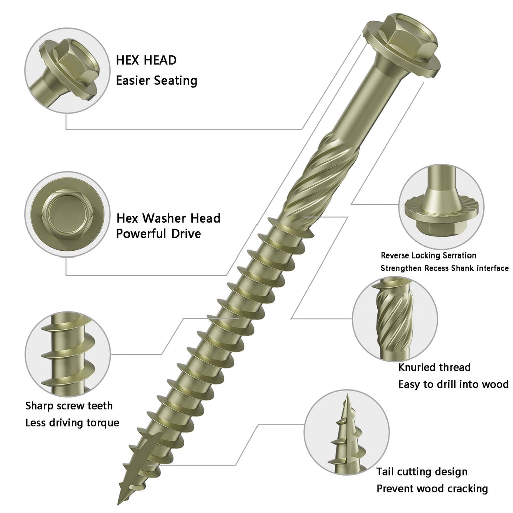 (2 lbs)#12 x 1-1/4 Yellow Hex Exterior Lag Screws,5.5x32mm, Structural Wood Screw, Heavy Duty Construction Screw, Rust Resistant, Washer Head, Yellow Coated Exterior Wood Screws