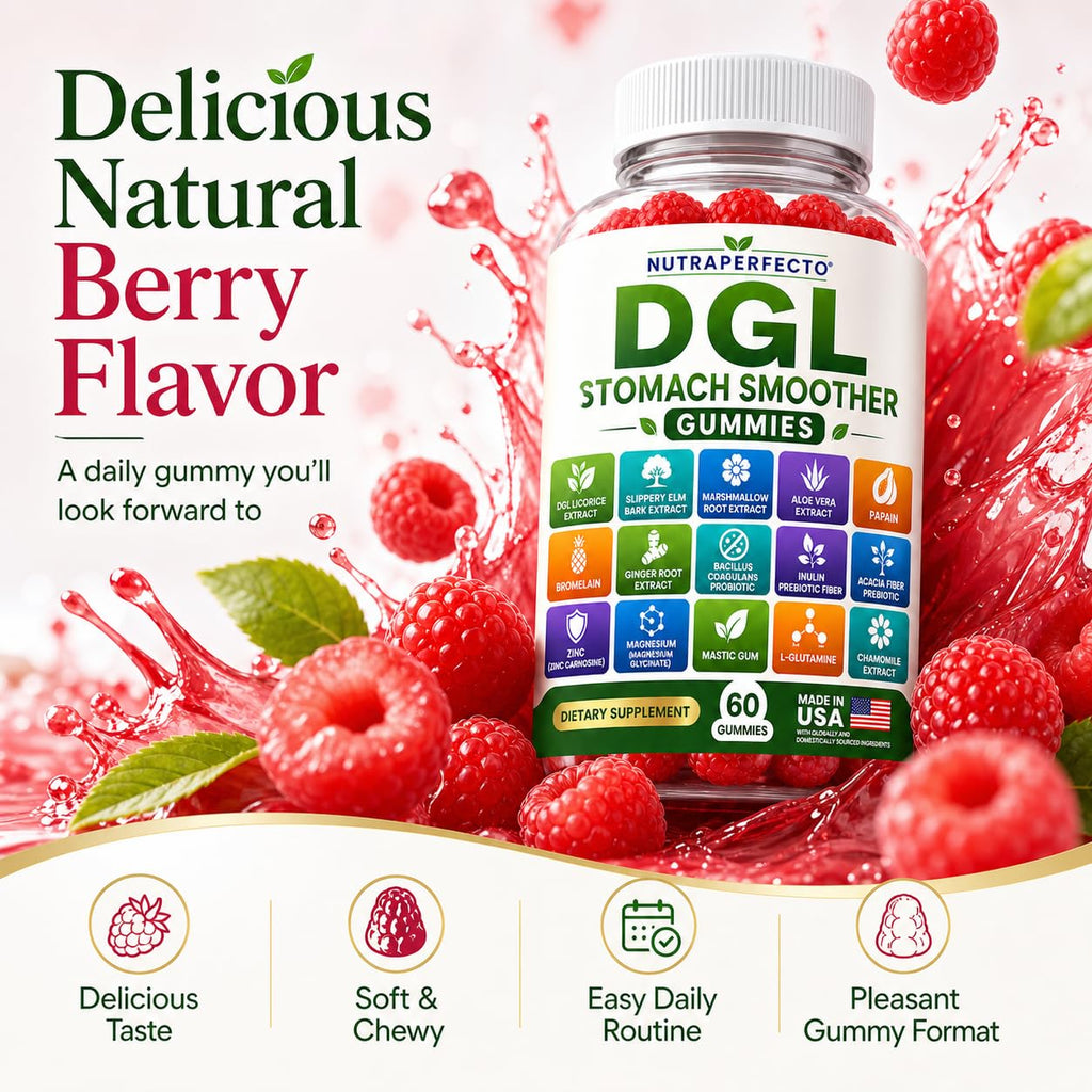Sugar Free DGL Stomach Smoother Gummies with DGL Licorice, Slippery Elm, Marshmallow Root, Aloe Vera, Probiotic & Prebiotic Fiber, Ginger, Mastic Gum, L-Glutamine, Zinc Carnosine, Digestive Support