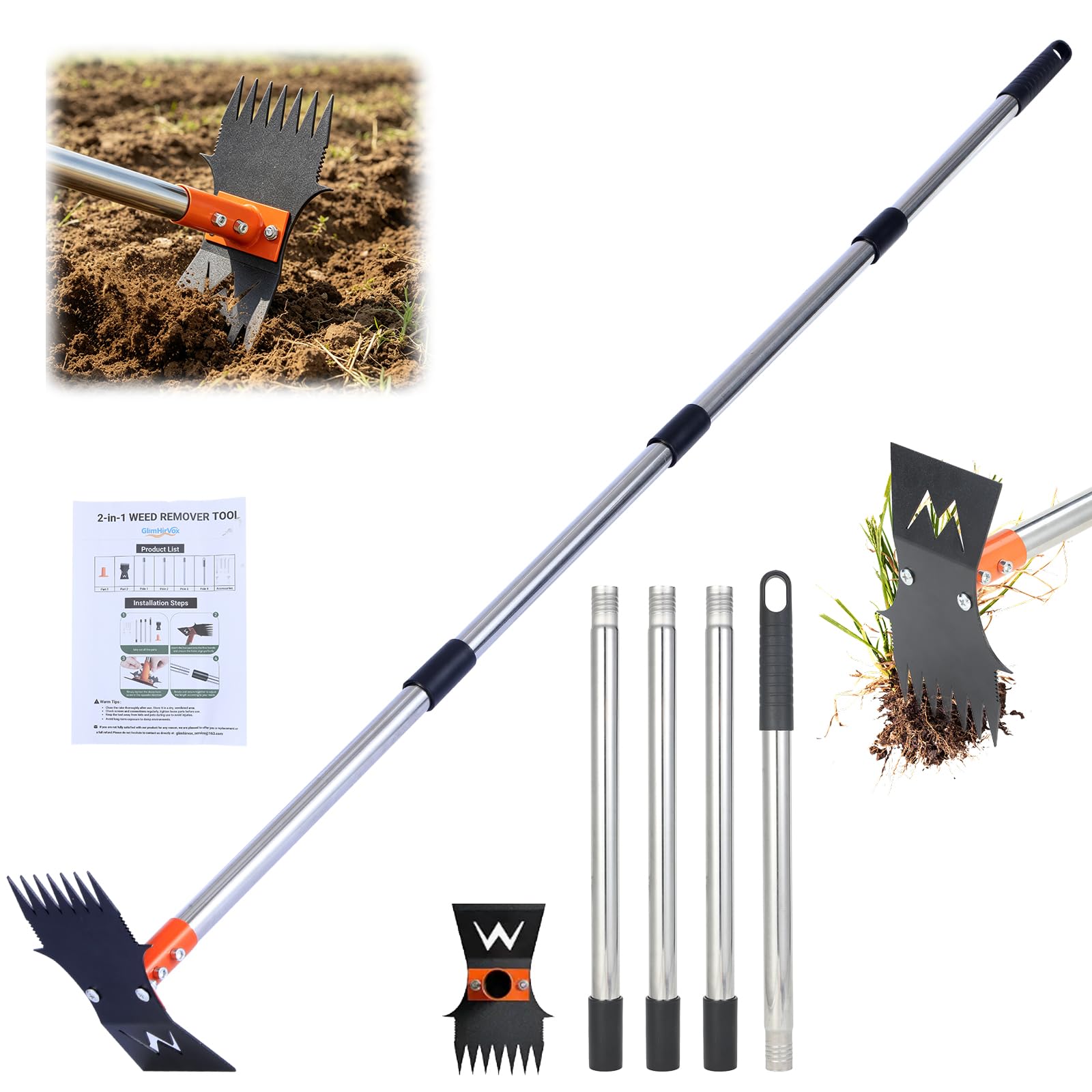 GlimHirvox Weed Puller Tool, 60" Stand Up 2-in-1 Weed Rake & Garden Hoe