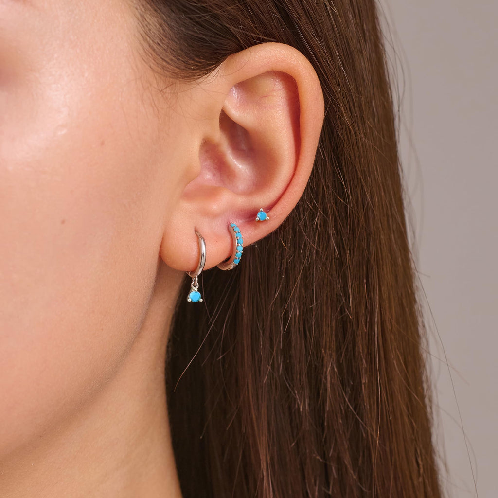 NOKMIT 3 Pairs Mini Hoop Earrings Set for Women Turquoise Huggie Hoop Cute Small Sterling Silver Cartilage Earring Ear Cuff for Multiple Piercing (Turquoise, B)