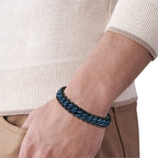 Magna Steel Men's Braided Genuine Leather Link Steel Chain Bracelet (Blue)