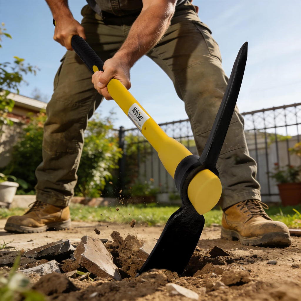 Nohovu Pickaxe with Shock Absorbing Fiberglass Handle, Heavy Duty Forged Steel Pick Axe for Digging, 36 Inches (406Y)
