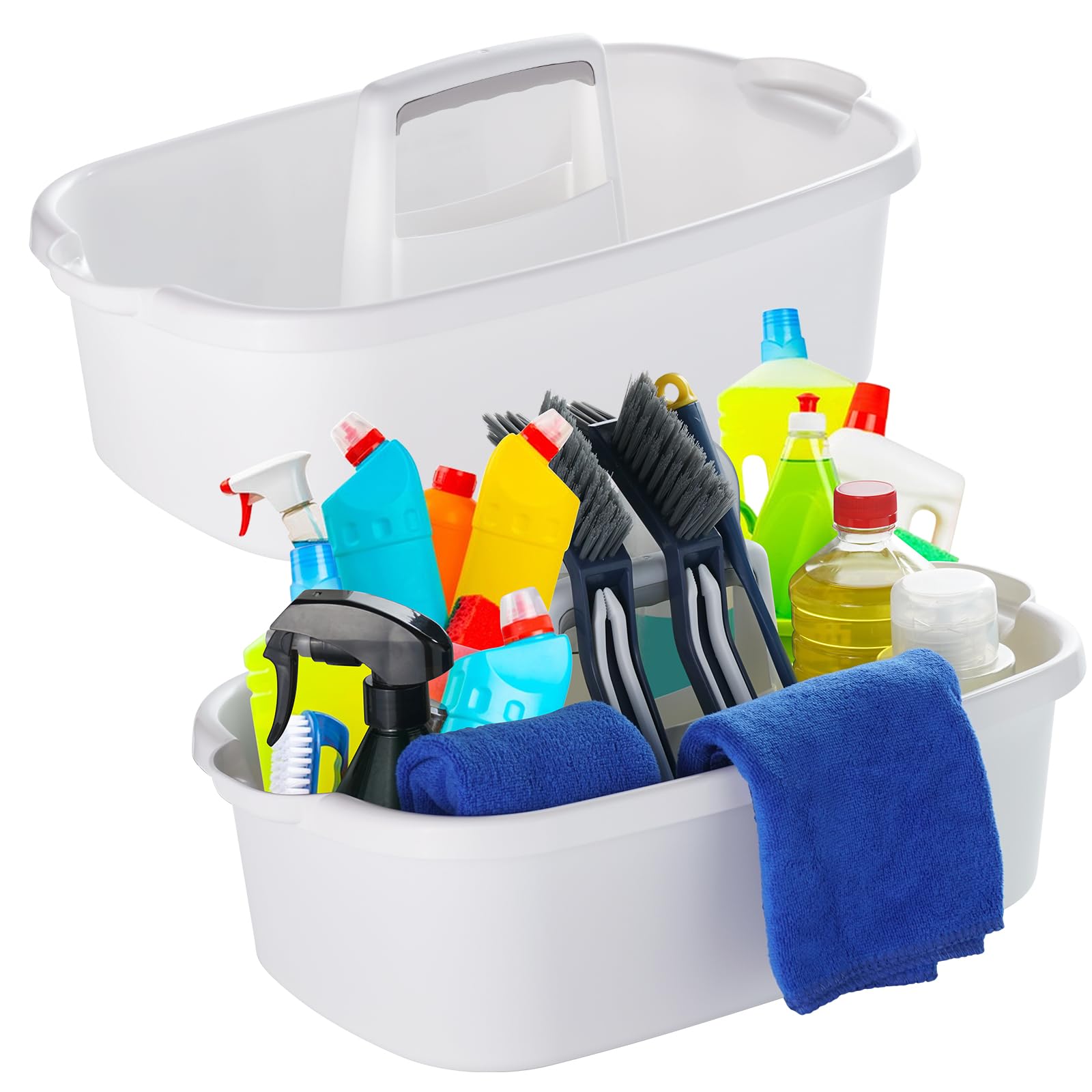 Omirome 2-Pack Large White Cleaning Caddy for Cleaning Supplies with Handle - Portable Plastic Tote Organizer for Shower, Bathroom, Kitchen, Under Sink Storage