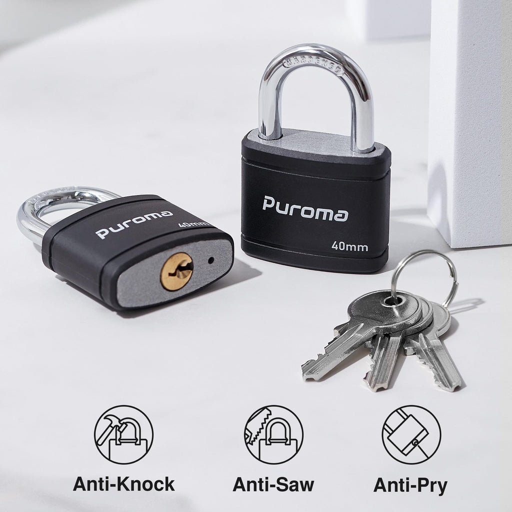 Puroma 4 Pack Keyed Padlock with 6 Keys Alike, 1.1 Inch Locker Lock 40mm Heavy-Duty Locks for Gate Fence Hasp Cabinet Toolbox School Gym Locker (Black)