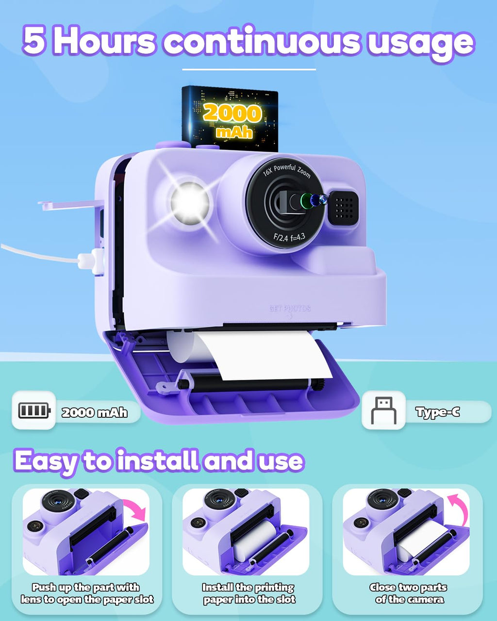 Instant Print Camera for Kids,2.4 Inch Screen Kids Instant Cameras, Christmas Birthday Gifts for Girls Age 3-12, Portable Toddler Toy for 3 4 5 6 7 8 9 10 Year Old Girls Boys Purple