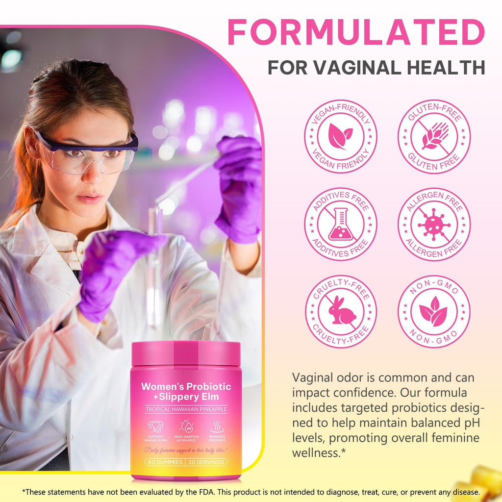KITNOBLIS Feminine Probiotic Gummies with Slippery Elm- Pineapple Gummies for Women pH Balance, Gut Health & Immune Supports | with Prebiotics & Lactobacillus Blend (60 Gummies)
