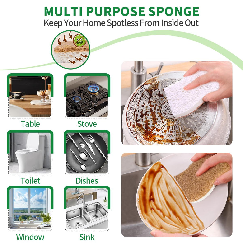 Sponges Kitchen Natural Dish Sponge Plant-Based Biodegradable Compostable Cellulose with Coconut Scrubber Sponge Non Scratch Eco Friendly Kitchen sponges for Kitchen Dishes（Pack of 24）