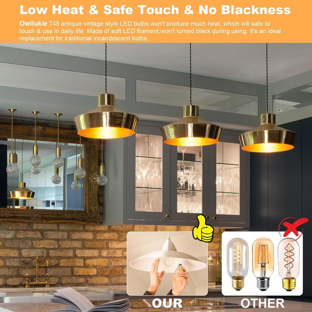 Owilukie E26 LED Bulb 6W Equivalent 60 watt, Vintage Edison Bulbs, Warm White 2700K Amber E26 Edison Bulb dimmable,Tubular T14 T45 LED Light Bulb, AC120V,500lm,CR90+,Glass,Pack of 4