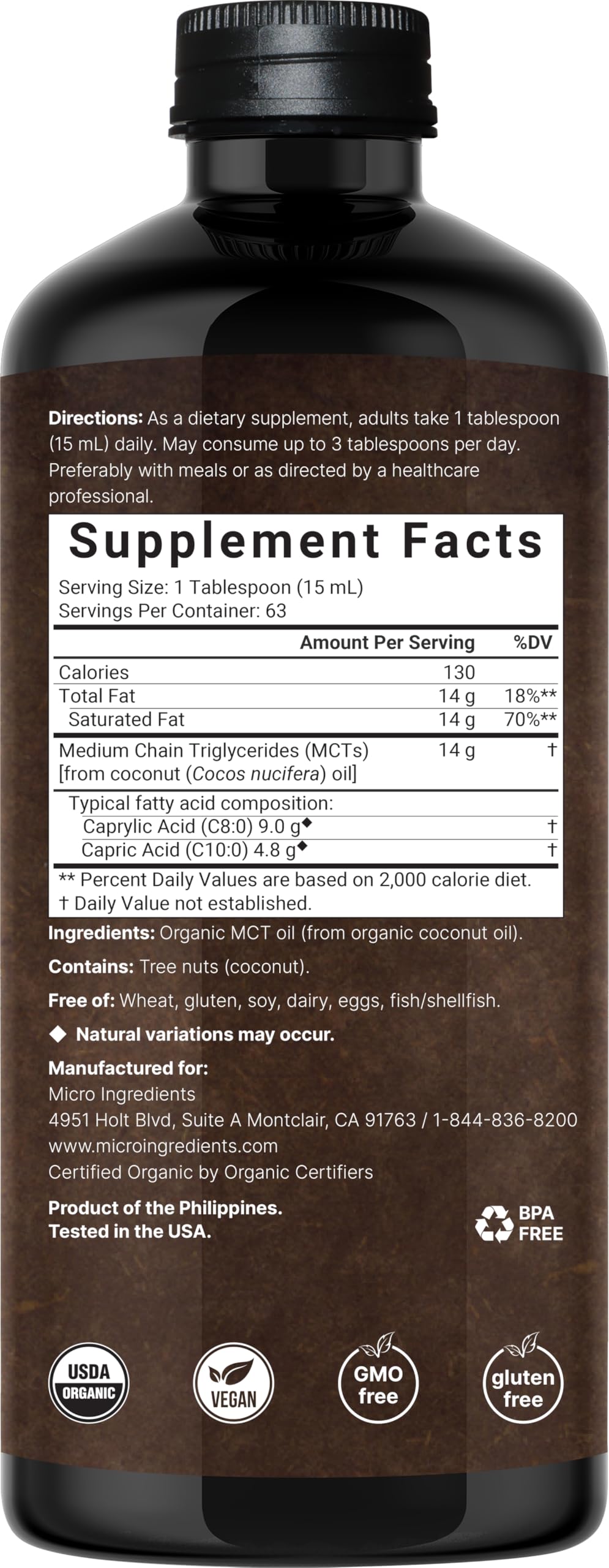 MCT Oil Organic, 32 fl oz |100% Virgin Coconut with C8 + C10 Fatty Acids | Great for Coffee or Dressings | Unflavored, Keto, Vegan