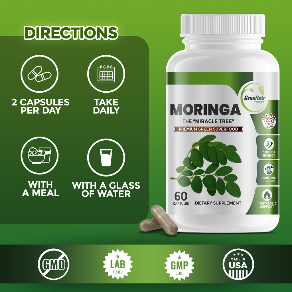 GreeNatr Pure Moringa Oleifera Leaf Extract Veggie Capsules 1000 mg. Natural Herbal Supplement. Energy, Mood, Memory and Focus Support. Premium Green Superfood (3 Bottles)