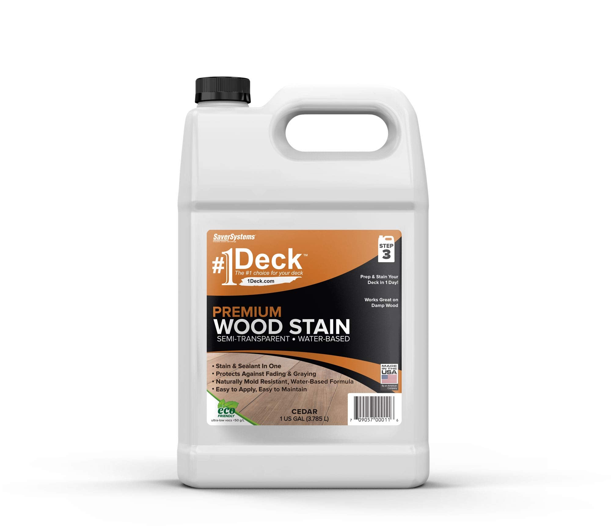 SaverSystems #1 Deck Premium Semi-Transparent Outdoor Wood Stain and Sealer in One - Water Based Wood Stain for Decks, Fences, & Siding - 1 Gallon (Cedar)