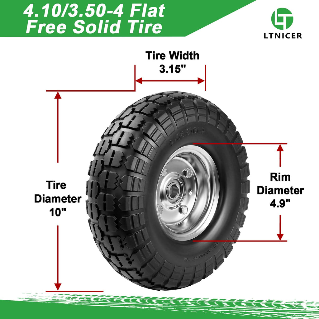 LTNICER 4.10/3.50-4 Tire Wheels Flat Free 10" Heavy Duty Solid Flat-Free Replacement Tire with 5/8 Axle Compatible with Gorilla Carts, Wheelbarrow, Dolly, Hand Truck (2-Pack)