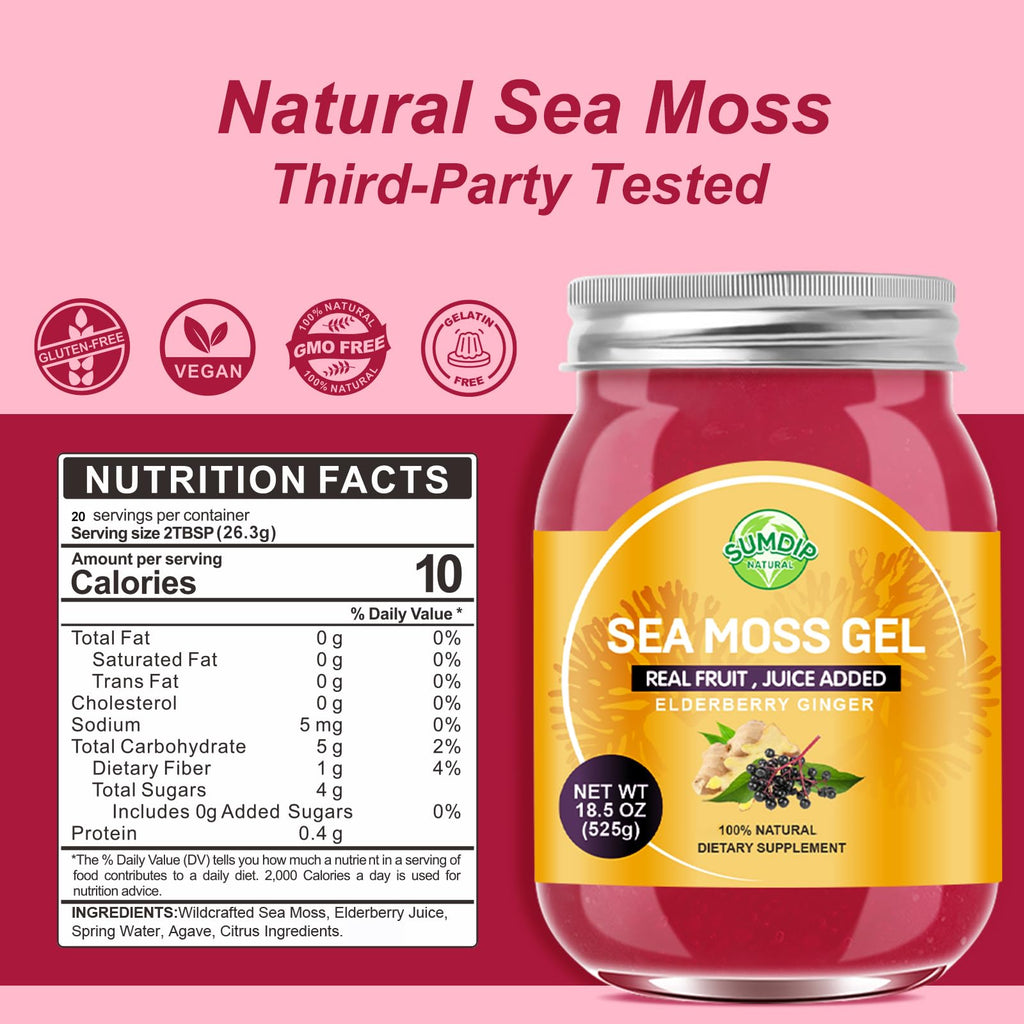 SumDIP 18.5OZ Seamoss Gel, Raw Wildcrafted Irish Seamoss Gel Immune and Digestive Support Vitamin Mineral Supplements, Elderberry Ginger