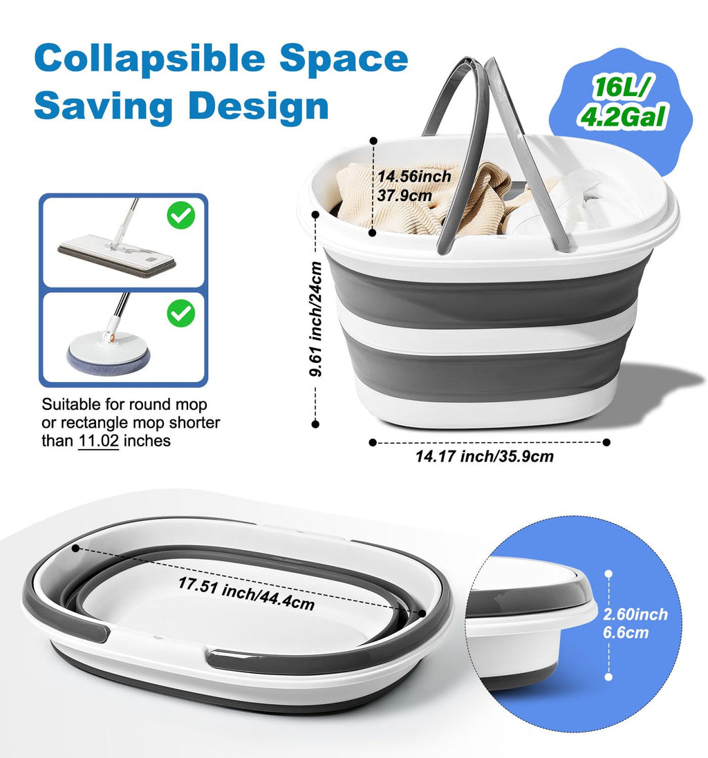 Collapsible Bucket 16L with Handles, Cleaning Mop Bucket Space Saving Foldable Silicone Tub for Laundry Storage Camping, Portable Wash Basin for Home & Car, 4.2 Gallon Compact Utility Plastic Bucket