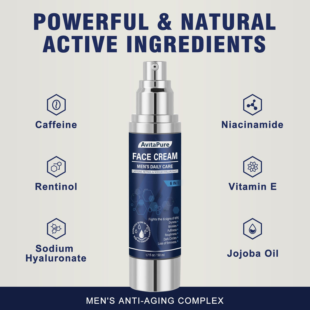 6-in-1 Face Cream for Men – Mens Anti Aging Face Cream w/Caffeine & Retinol to Firm, Hydrate & Refresh Skin, Quick-Absorbing Non-Greasy Formula