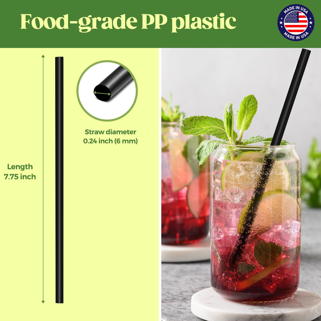 Glotoch Express 1000 PCS Individually Wrapped Black Plastic Straws, 7.75'' Long, 0.24'' Diameter Disposable Drinking Straws for Every Occasion, Party, Made in USA