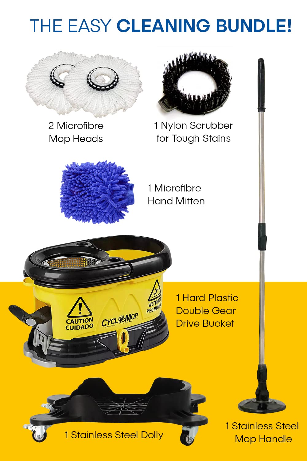 CycloMop® Commercial Spinning Spin Mop with Dolly Wheels - Heavy Duty Design for Years of Use